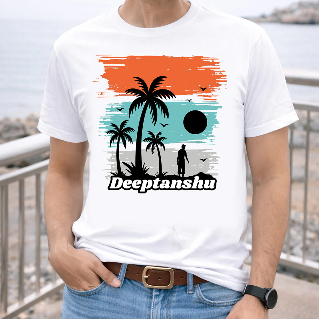 Personalized Tropical Sunset Silhouette White T-Shirt - Image 5