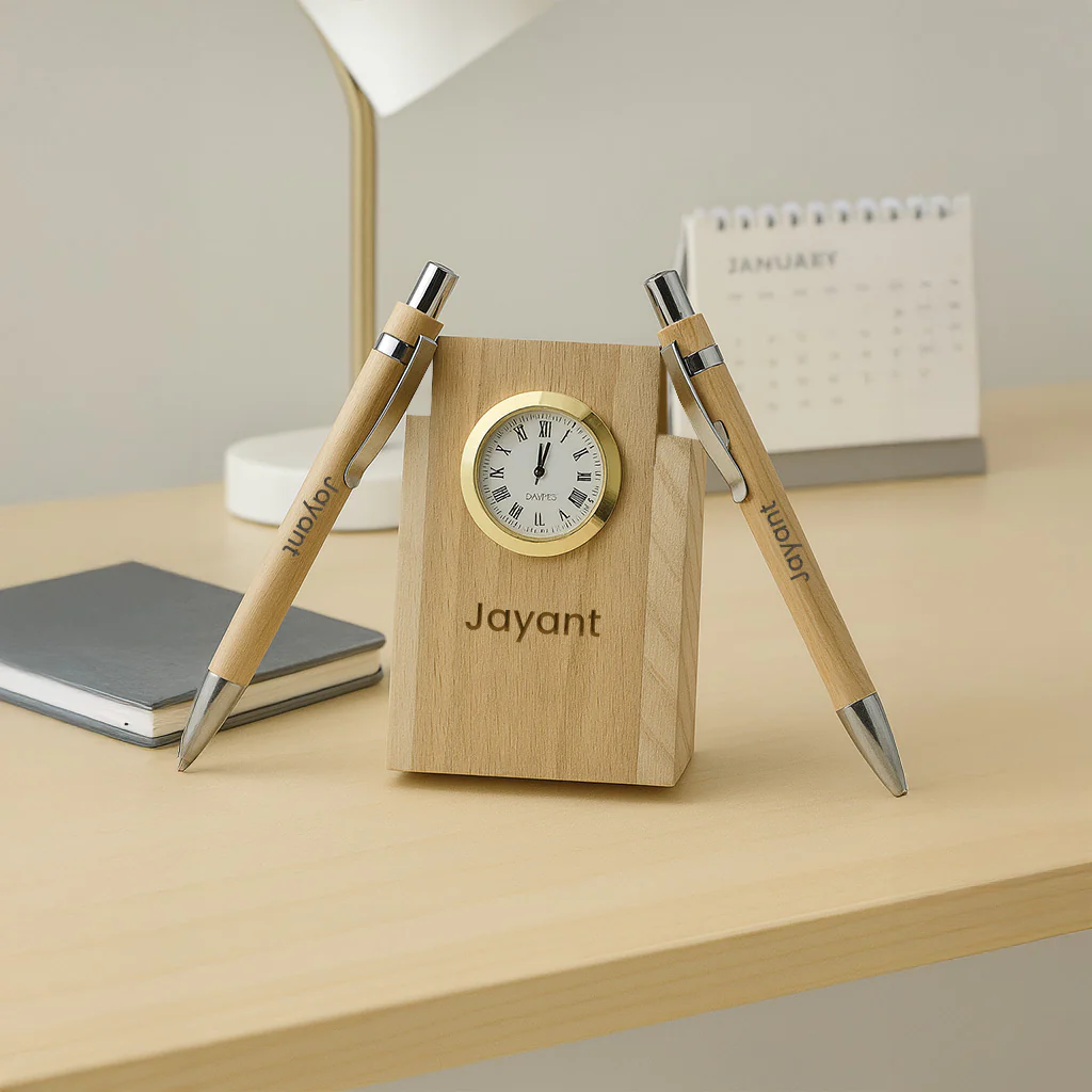 Personalized Wooden Clock Pen Stand with 2 Pens
