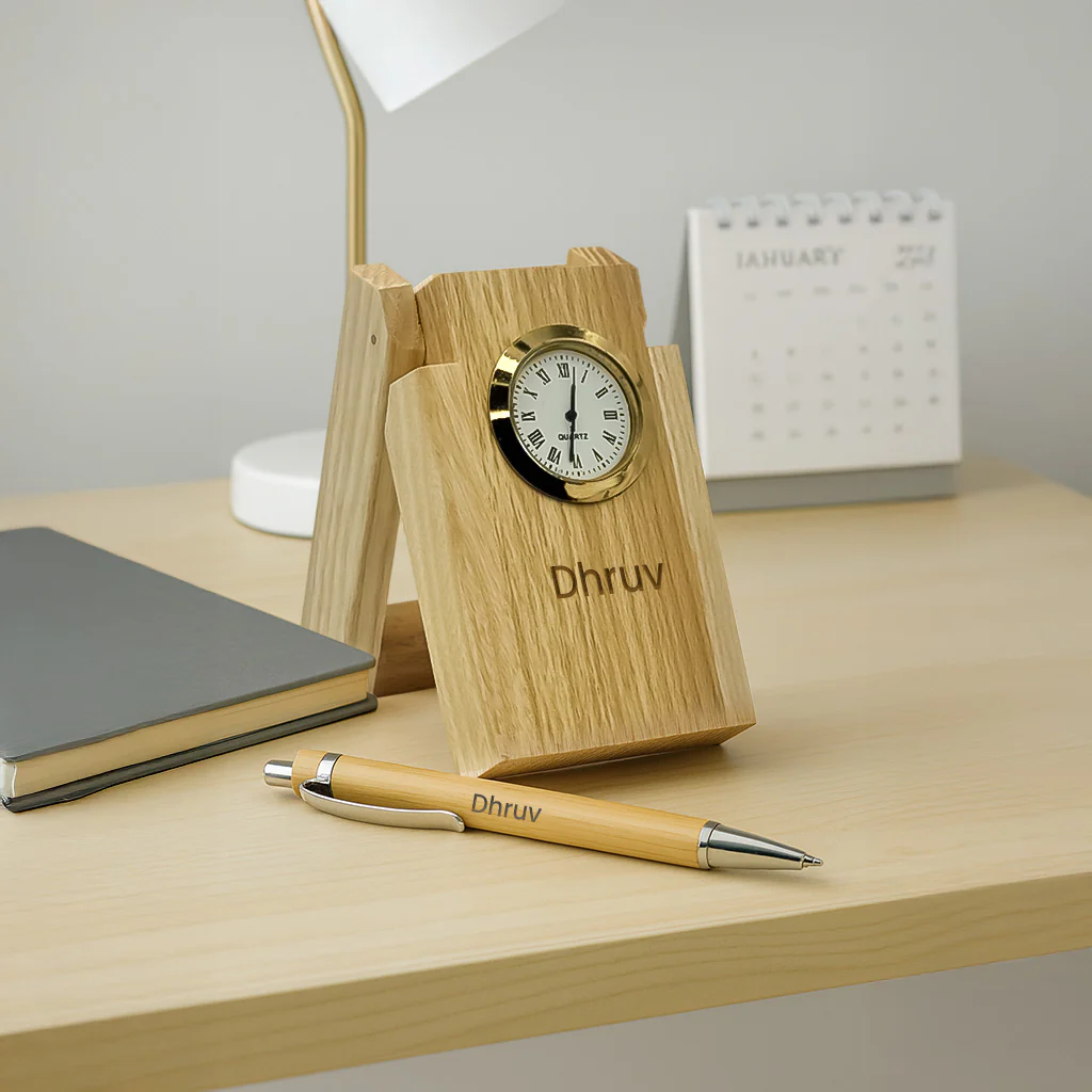 Personalized Wooden Desk Clock Pen Holder