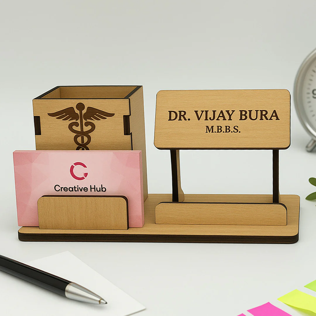 Personalized Wooden Desk Nameplate & Organizer for Doctors - Image 3