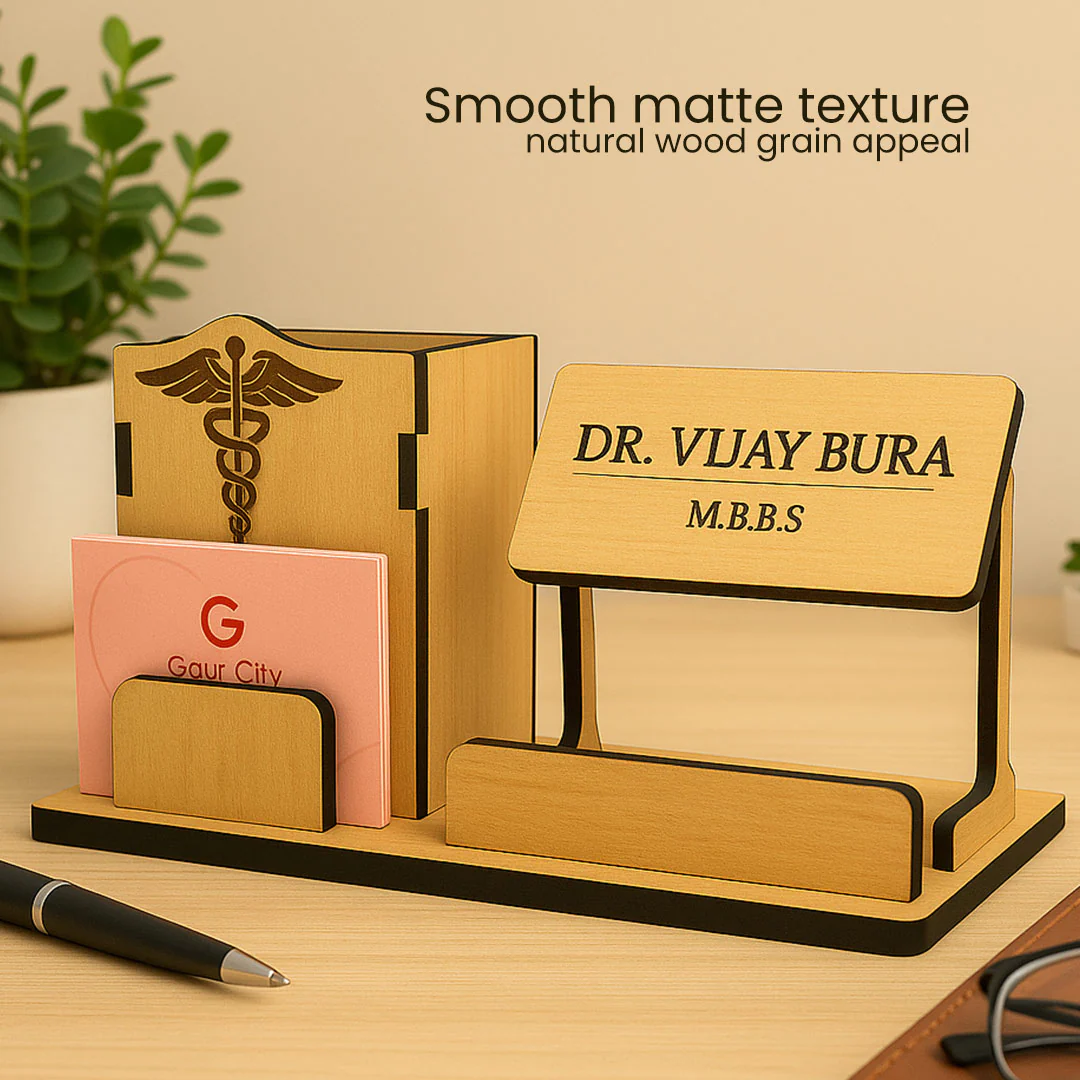 Personalized Wooden Desk Nameplate & Organizer for Doctors - Image 4