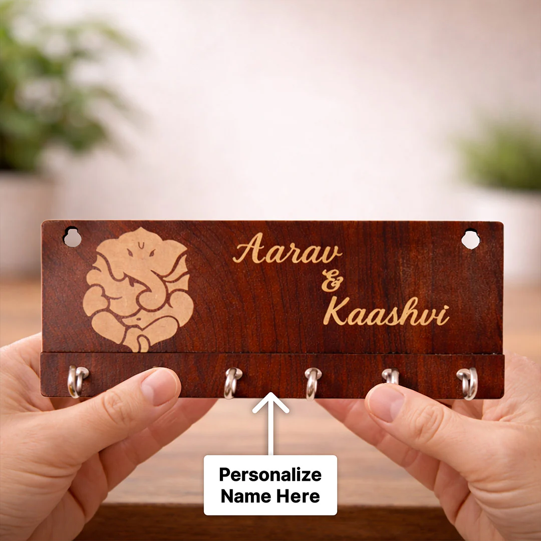 Personalized Wooden Key Holder with Lord Ganesha Design (6x3") - Image 3