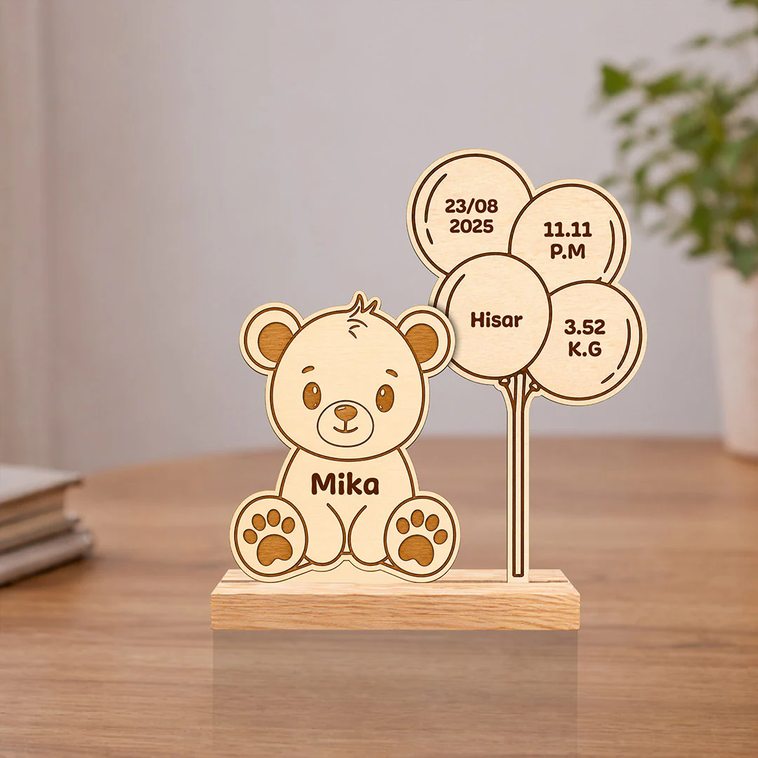 Personalized Wooden Teddy Bear Baby Birth Details Frame | Memory Keepsake Gift for Baby Boy & Girl - 7x7.5"