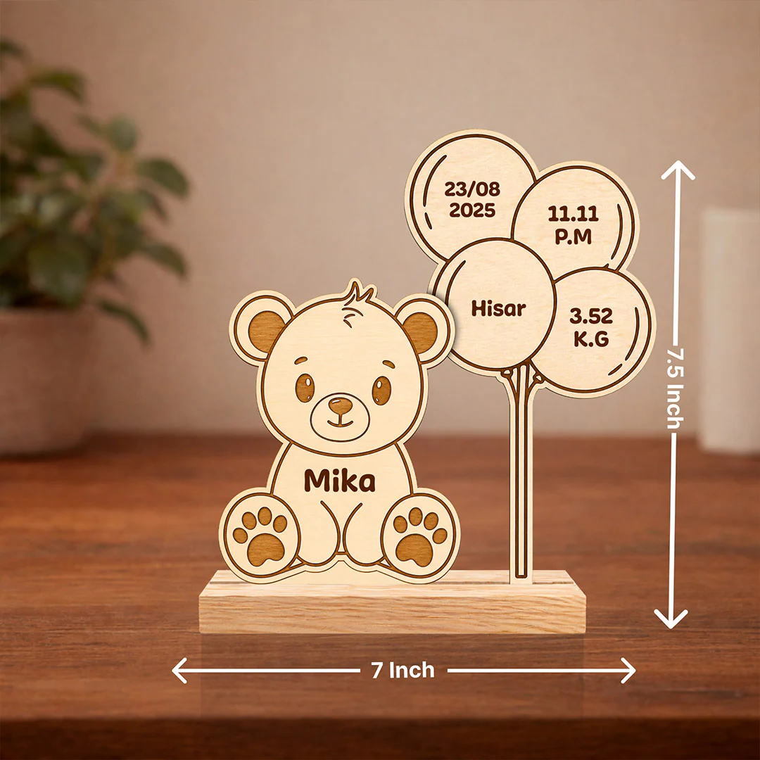 Personalized Wooden Teddy Bear Baby Birth Details Frame | Memory Keepsake Gift for Baby Boy & Girl - 7x7.5" - Image 2