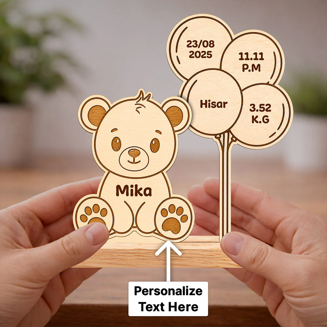Personalized Wooden Teddy Bear Baby Birth Details Frame | Memory Keepsake Gift for Baby Boy & Girl - 7x7.5" - Image 3