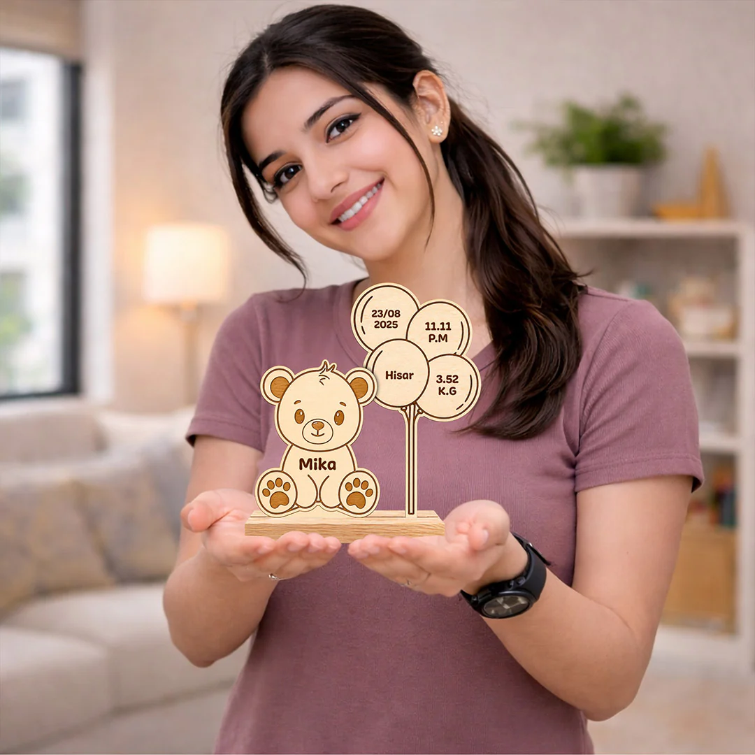 Personalized Wooden Teddy Bear Baby Birth Details Frame | Memory Keepsake Gift for Baby Boy & Girl - 7x7.5" - Image 5