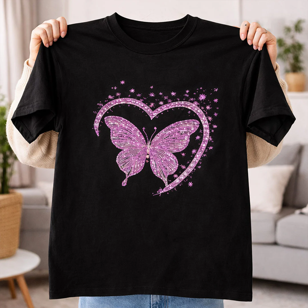 Pink Butterfly Heart Graphic Print Black T-Shirt - Image 4