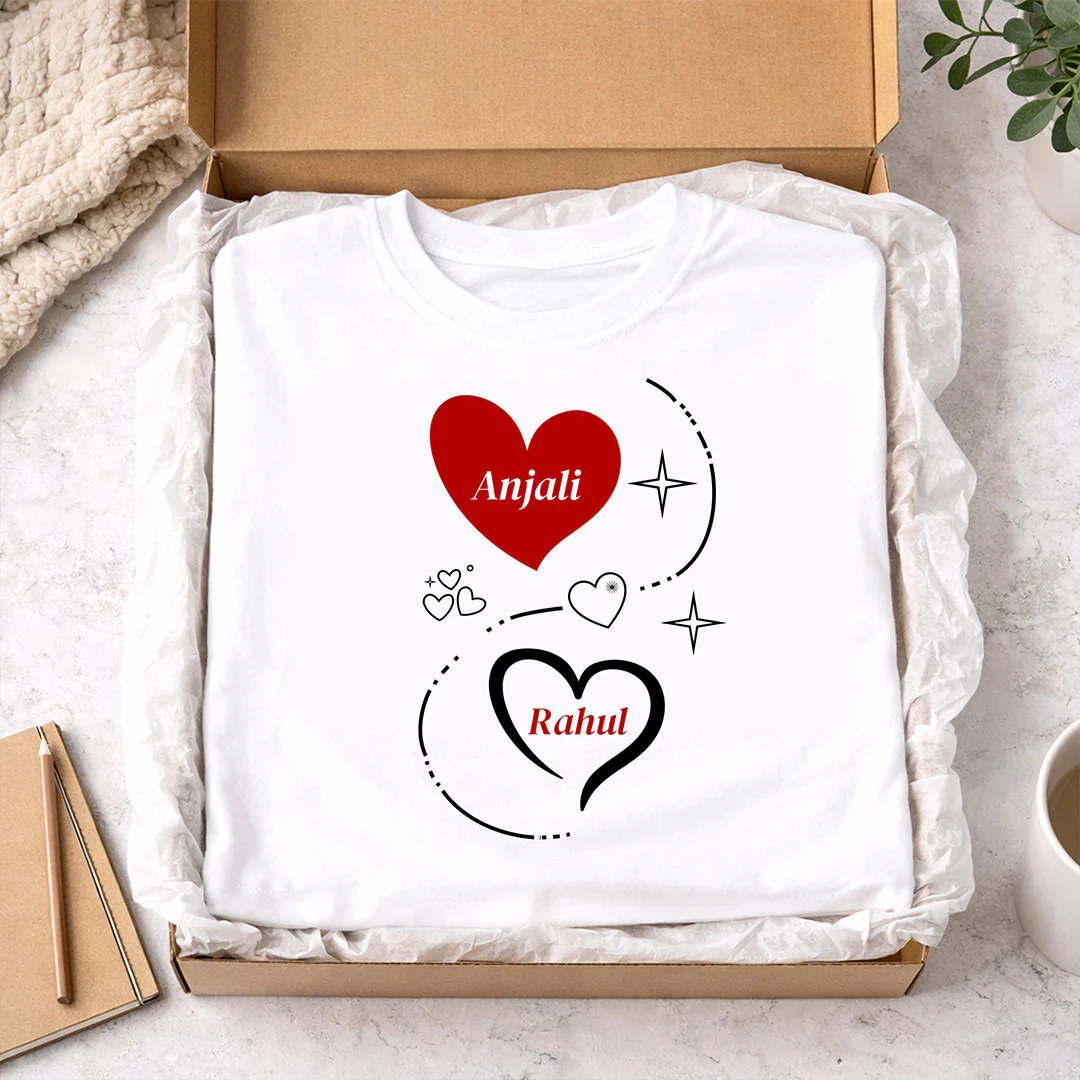 Romantic Double Heart Custom White T-Shirt