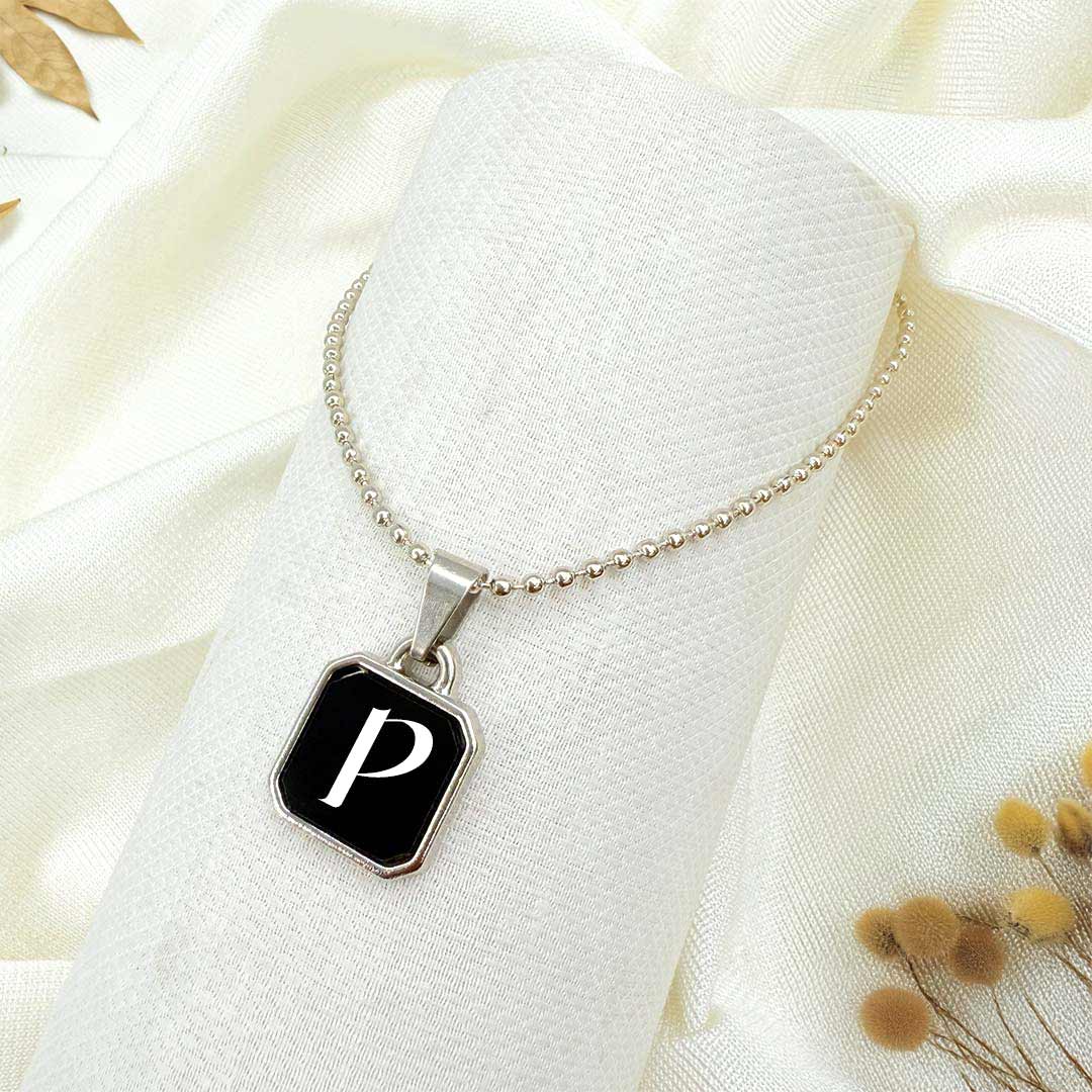 Square Initial Pendant Necklace – Custom Letter on Black Enamel with Silver Polish - Image 2