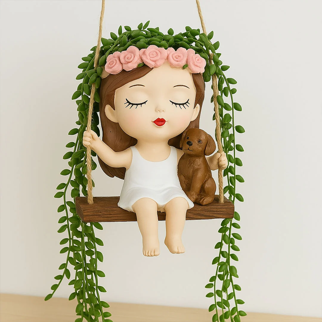 Swing Girl Planter with Puppy - Image 3