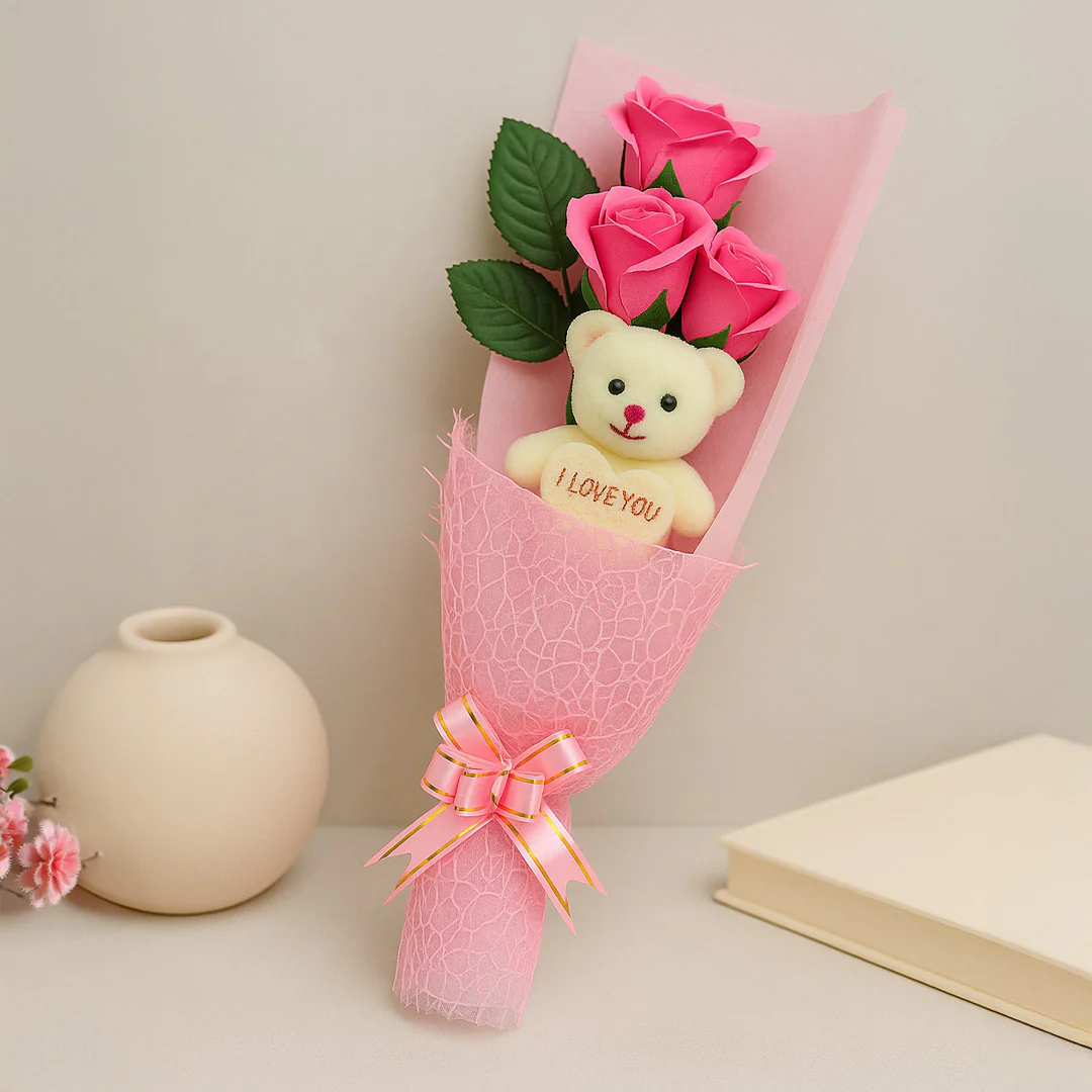 Teddy Bear with Pink Rose Bouquet - Image 3