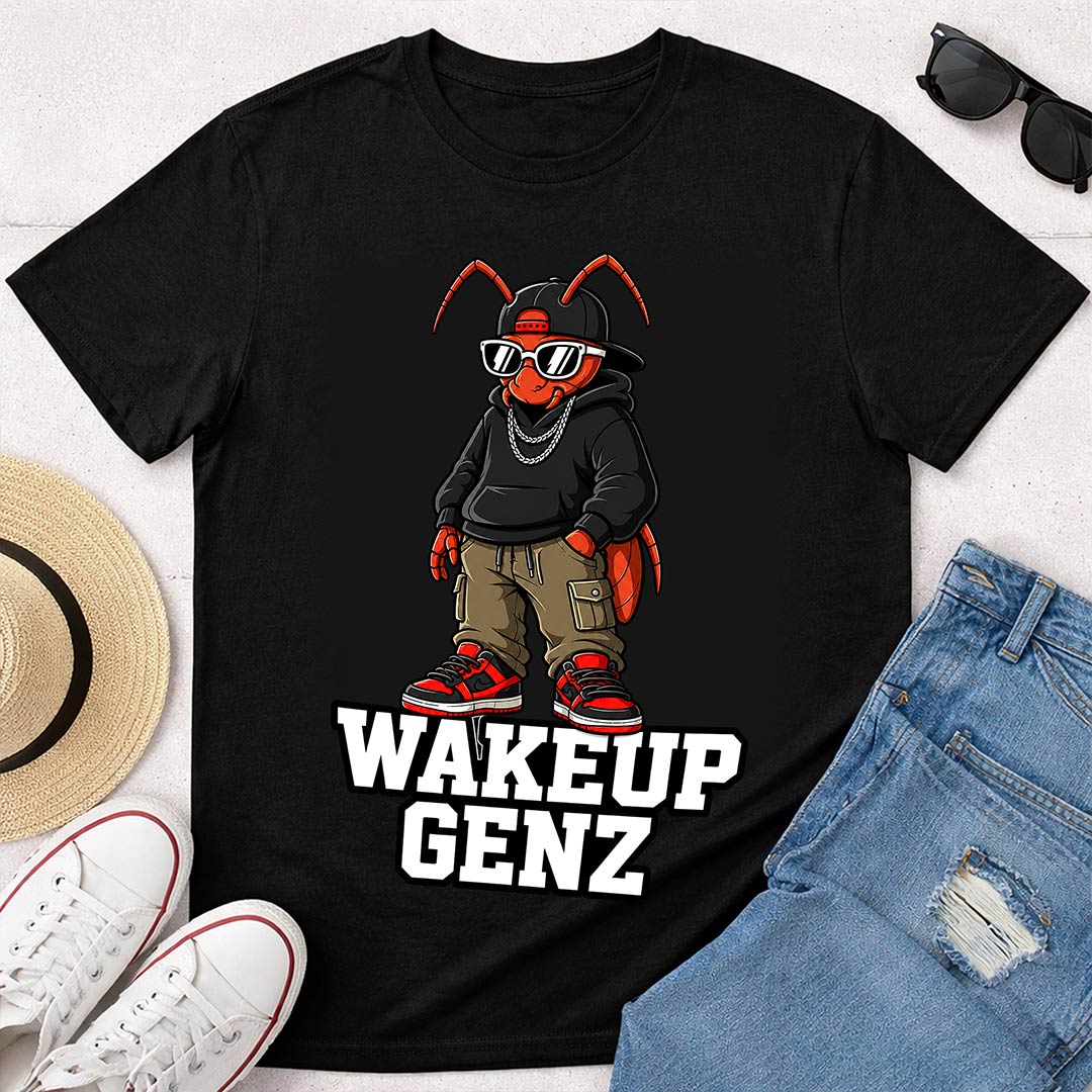 Wake Up Gen Z Cockroach Graphic T-Shirt for Men & Women | Viral Satirical Streetwear Tee Inspired by Internet Youth Culture - Black