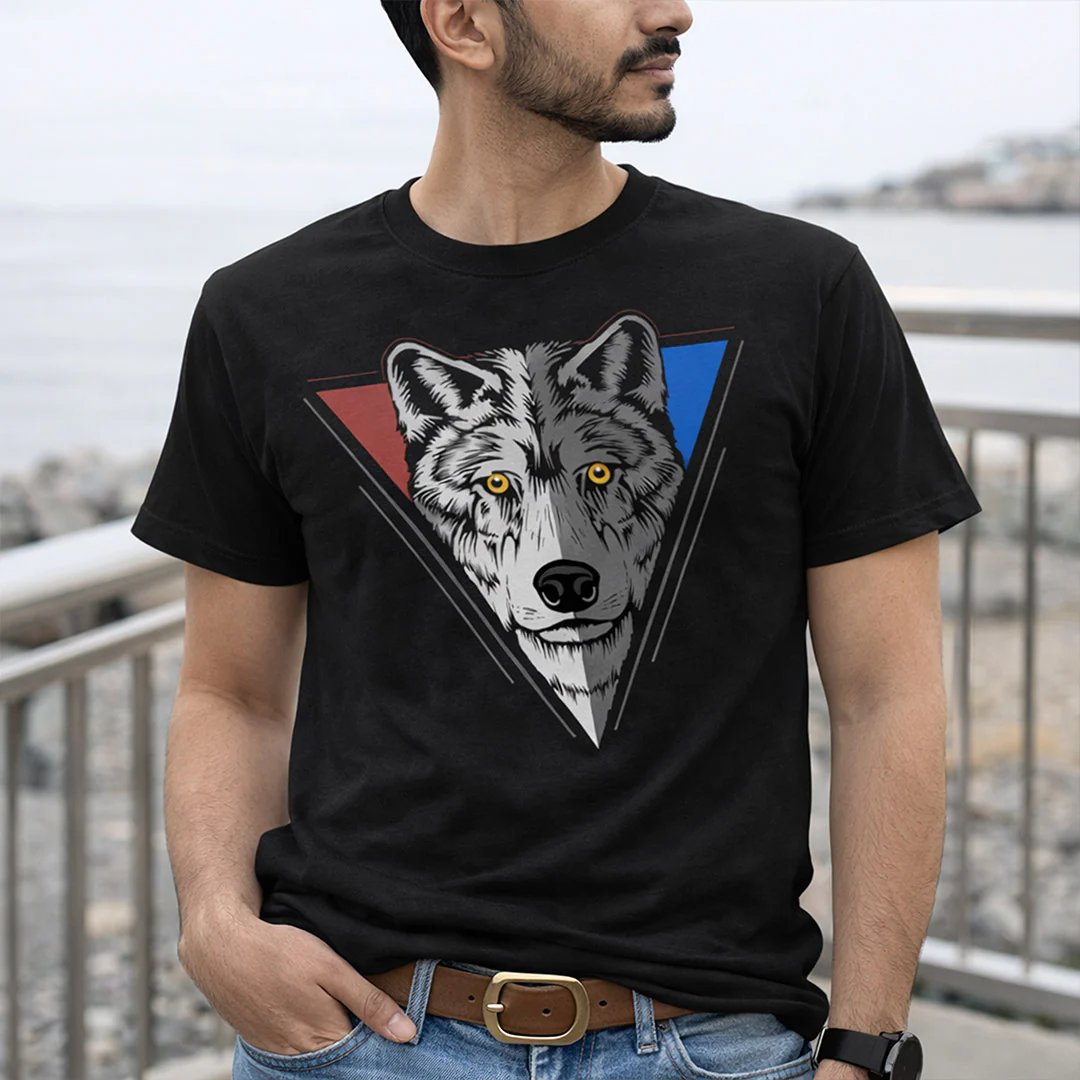Wolf Face Geometric Print Black T-Shirt - Image 4