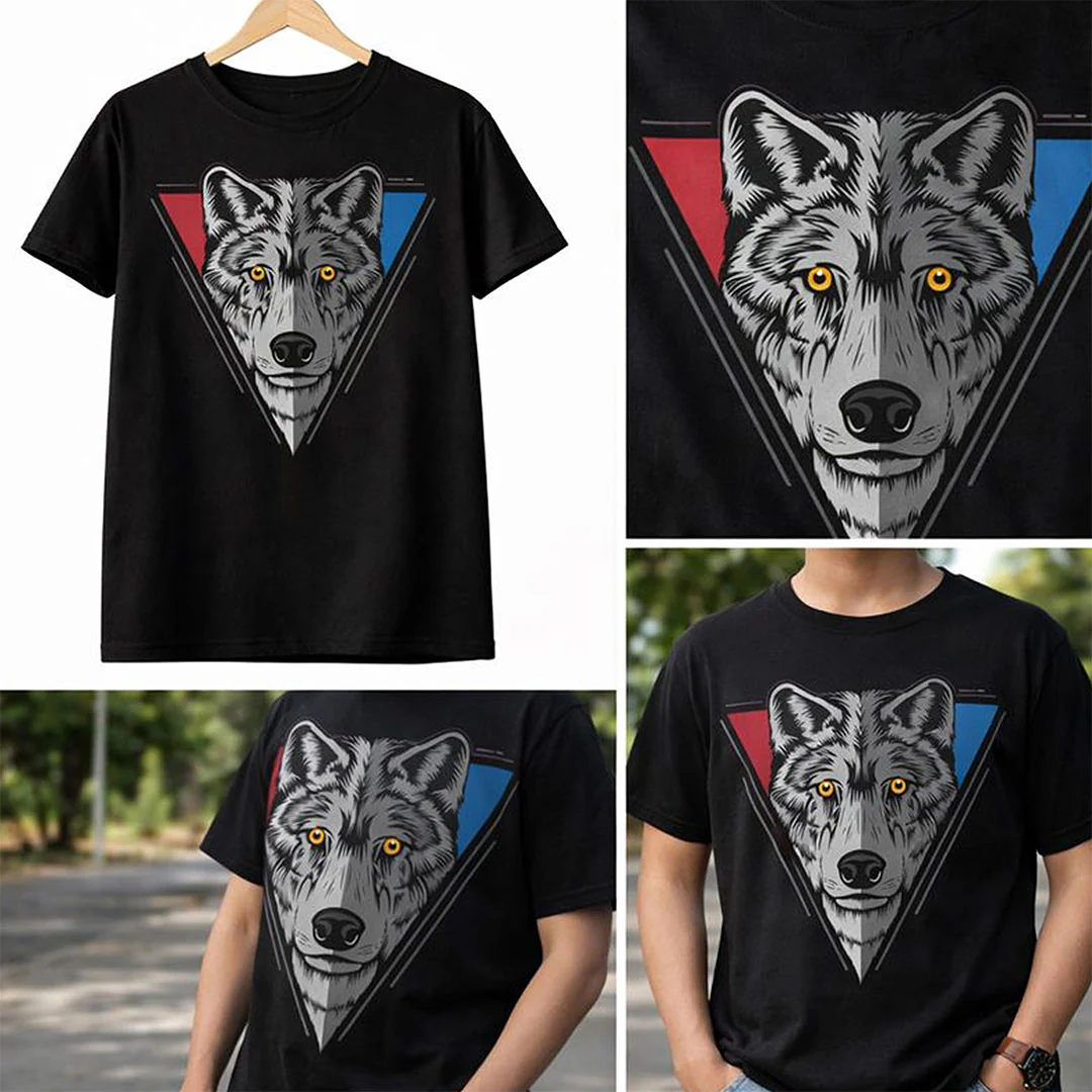 Wolf Face Geometric Print Black T-Shirt - Image 5