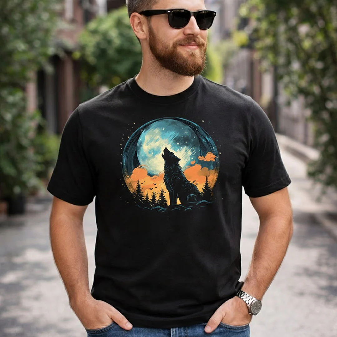 Wolf Roaring Moon Graphic Print Black T-Shirt - Image 3