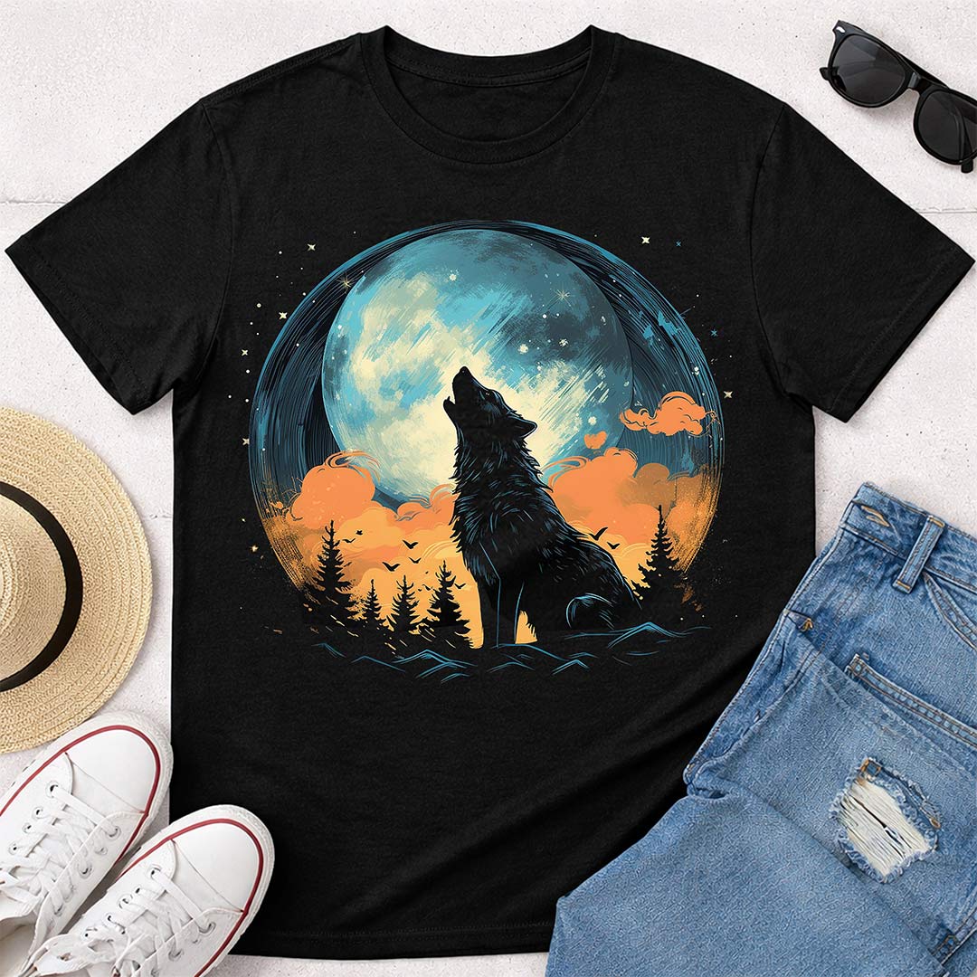 Wolf Roaring Moon Graphic Print Black T-Shirt - Image 5