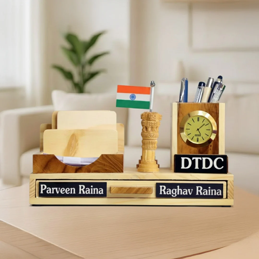 Wooden Desk Organizer with Clock & Coasters