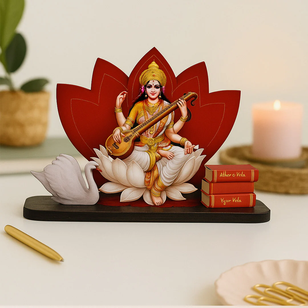 Wooden Goddess Saraswati Idol on Lotus