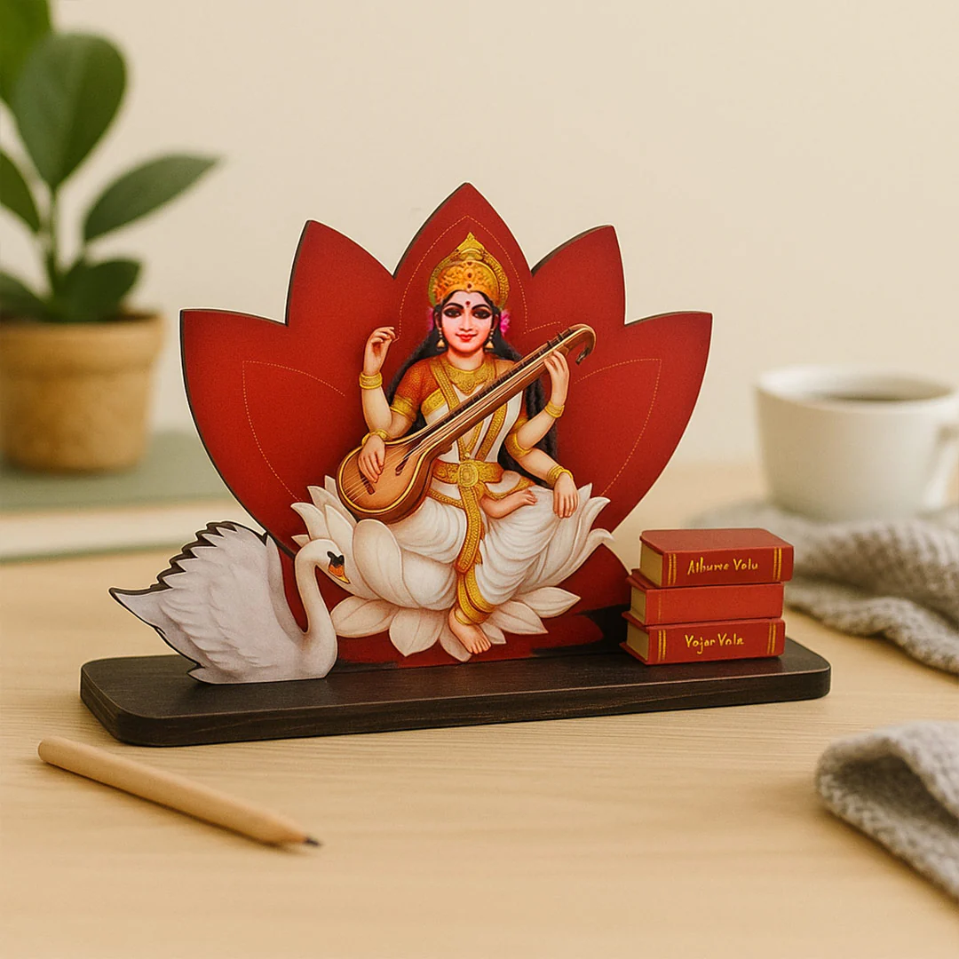 Wooden Goddess Saraswati Idol on Lotus - Image 2