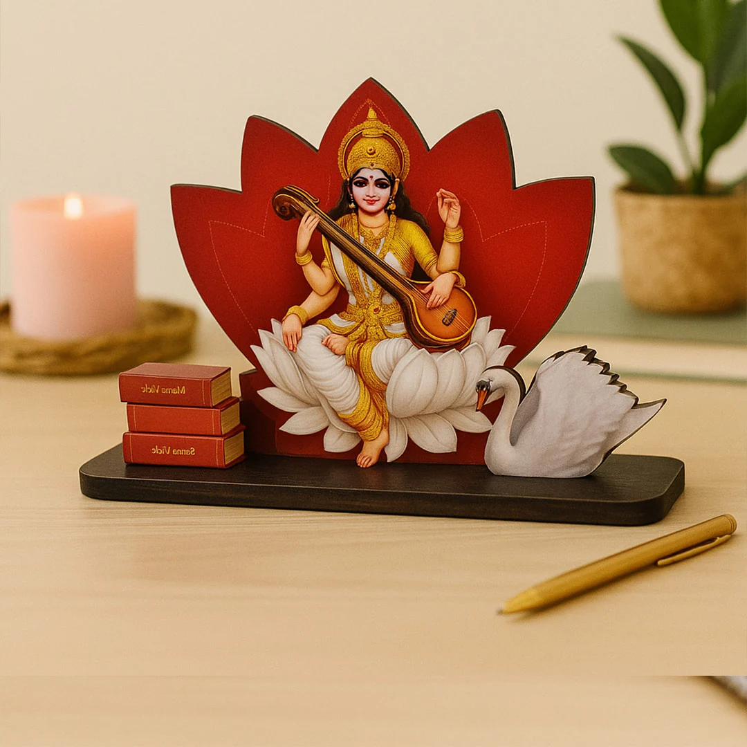 Wooden Goddess Saraswati Idol on Lotus - Image 3